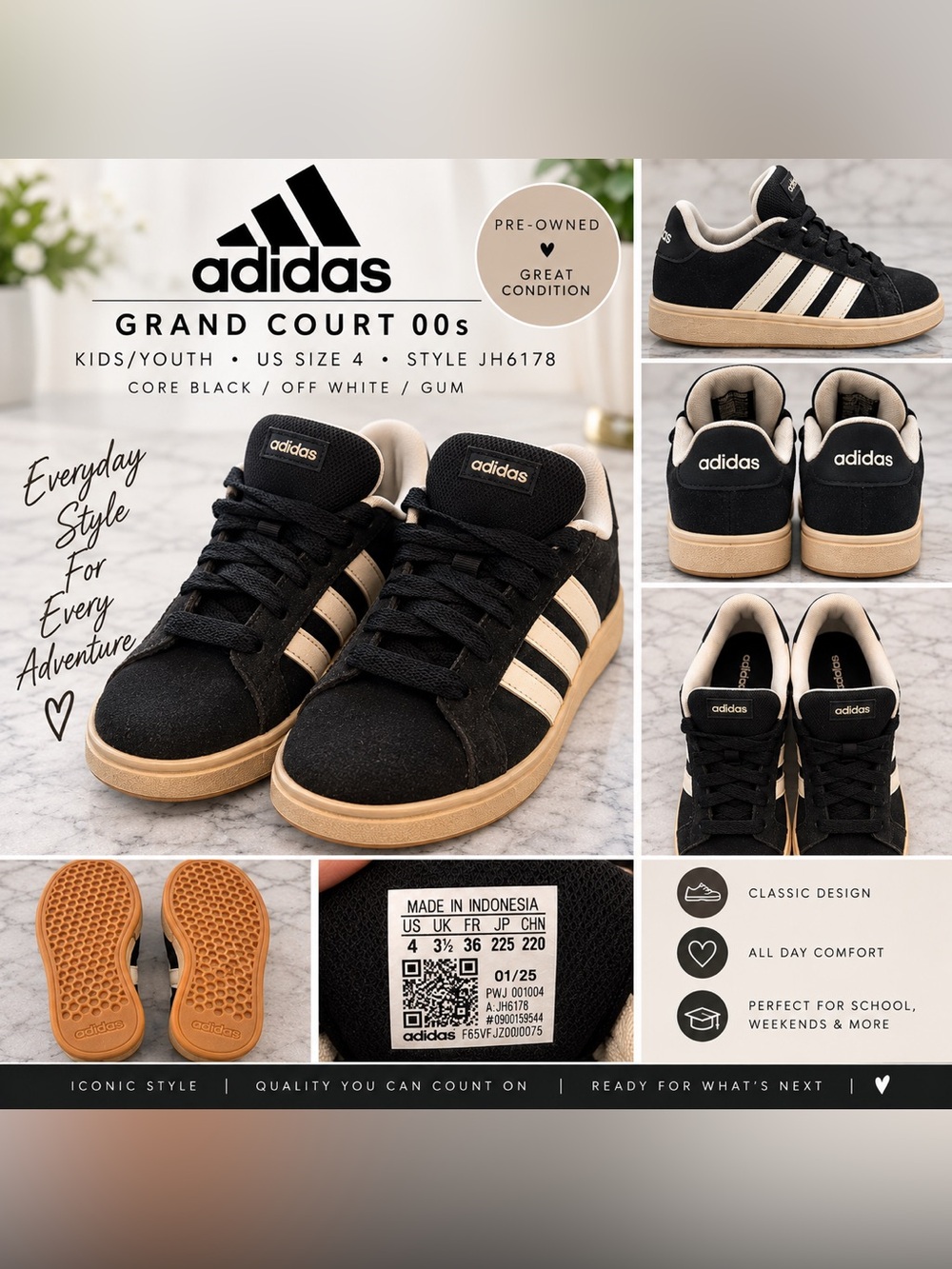 Adidas Grand Court 00s Sneakers • Kids/Youth US 4 • Black/Off White